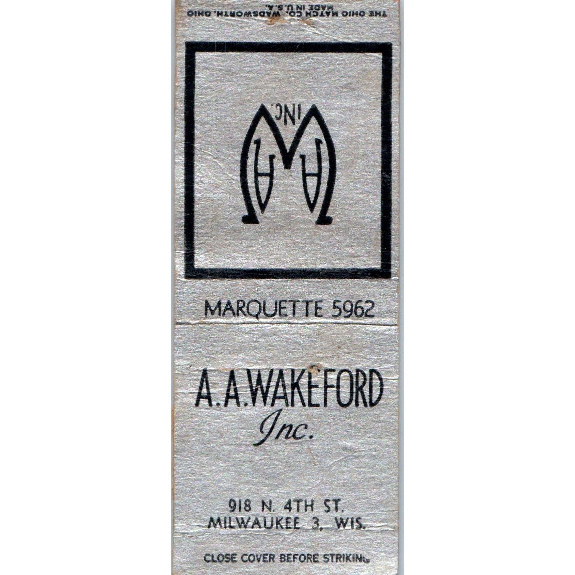A.A. Wakeford Inc Milwaukee WI Vintage Matchbook Cover SD4-Y3