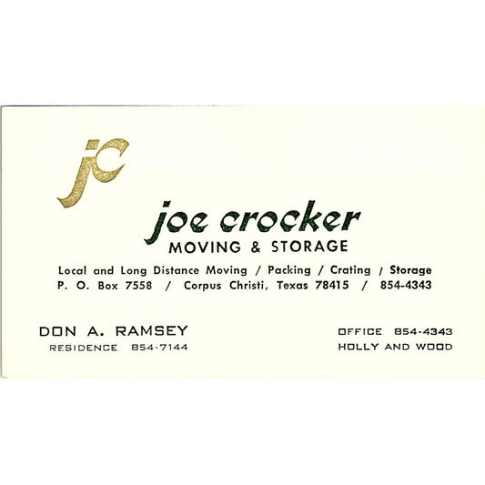 Joe Crocker Don A Ramsey Corpus Christi TX Vintage Business Card SB4-B6