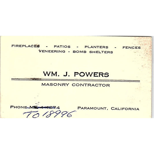 Wm J Powers Masonry Contractor Paramount CA Vintage Business Card SD9-B3