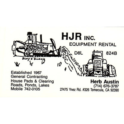 Herb Austin HJR Equipment Rental Temecula CA Vintage Business Card SC9-B10
