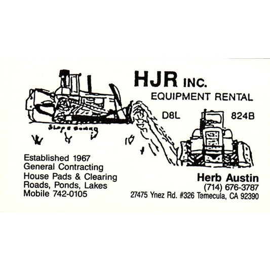 Herb Austin HJR Equipment Rental Temecula CA Vintage Business Card SC9-B10