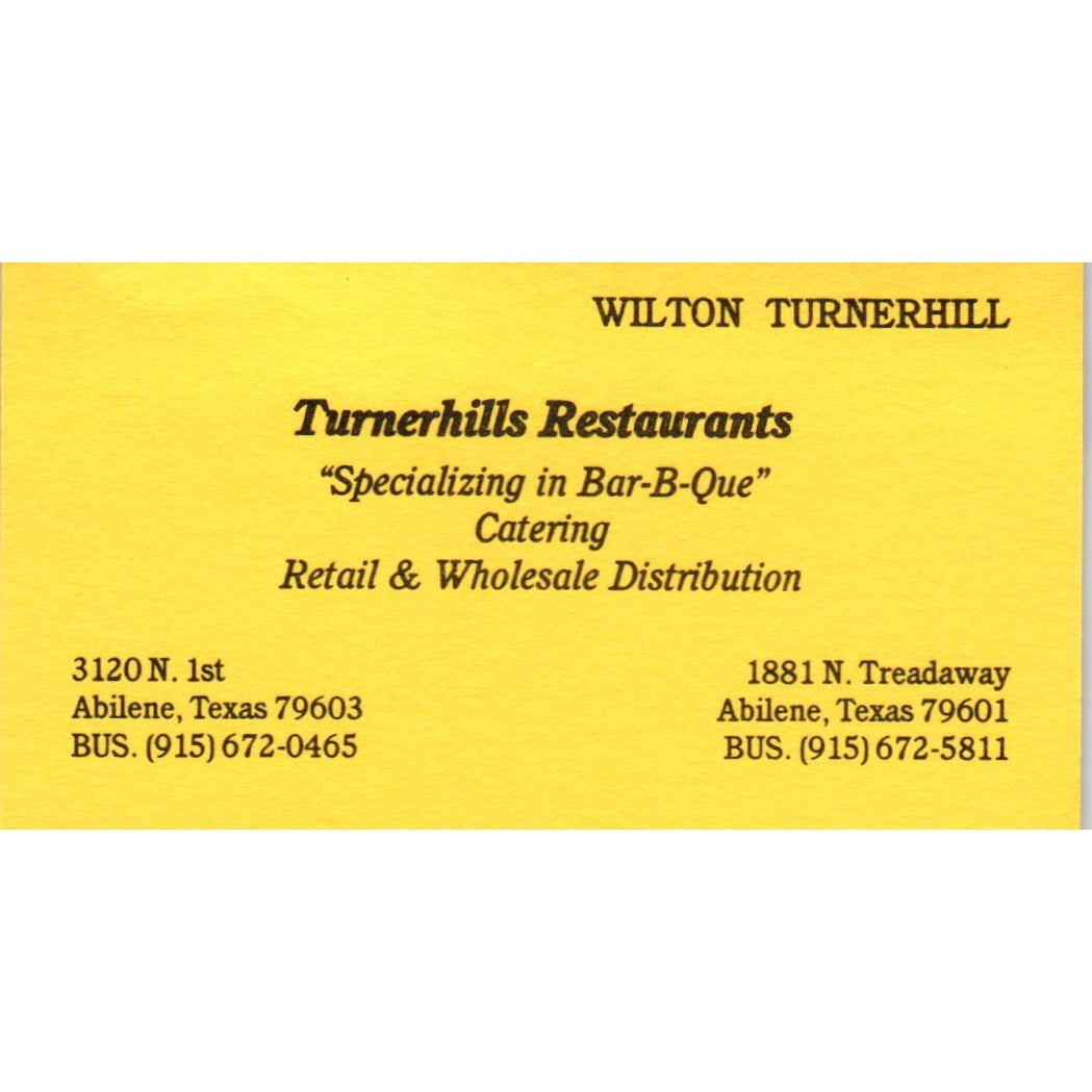 Wilton Turnerhill Restaurants Abilene TX Vintage Business Card SD8-B6