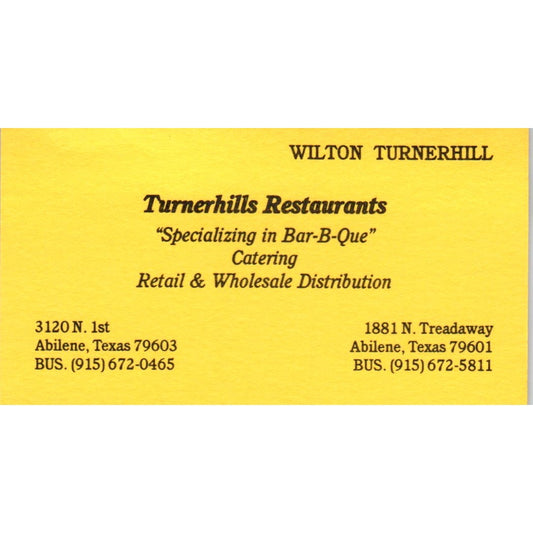 Wilton Turnerhill Restaurants Abilene TX Vintage Business Card SD8-B6