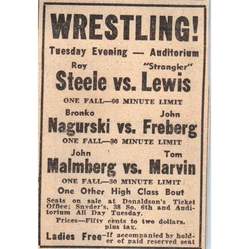 Wrestling Bronko Nagurski Roy Steele Strangler Lewis 1935 Newspaper Ad AE7-H2