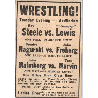 Wrestling Bronko Nagurski Roy Steele Strangler Lewis 1935 Newspaper Ad AE7-H2