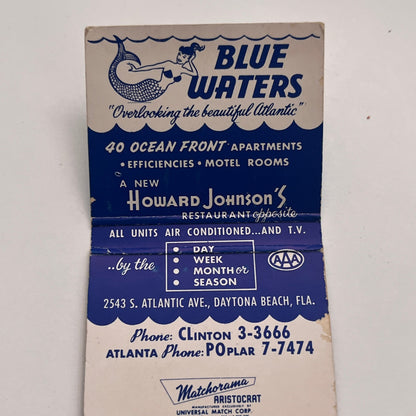 Blue Waters Motel Daytona Beach FL Vintage Matchbook Cover TB8-MB-4