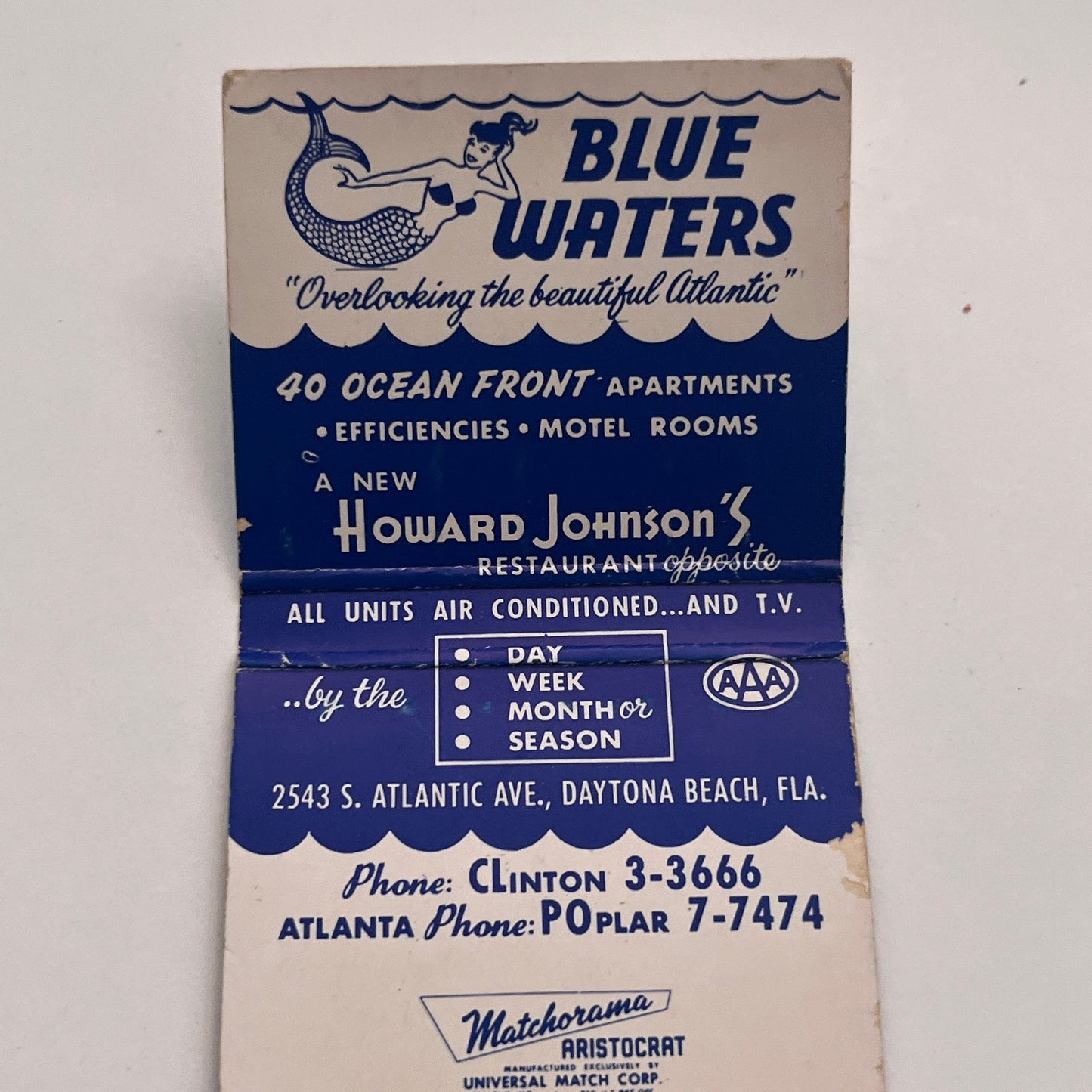 Blue Waters Motel Daytona Beach FL Vintage Matchbook Cover MM2-7
