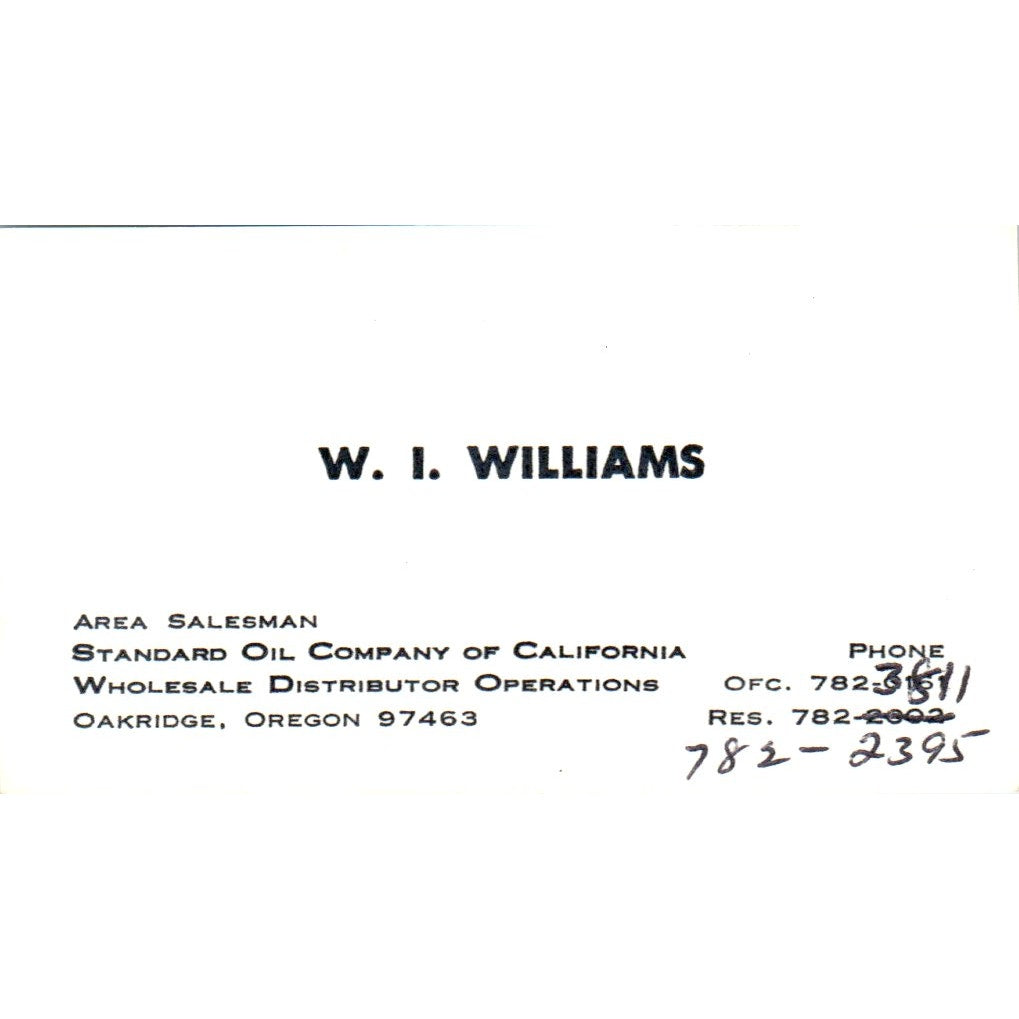 W.I. Williams Oakridge OR Standard Oil Company of CA Vtg Business Card SD8-B21