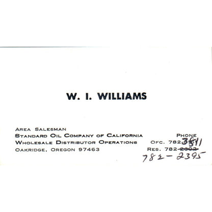 W.I. Williams Oakridge OR Standard Oil Company of CA Vtg Business Card SD8-B21
