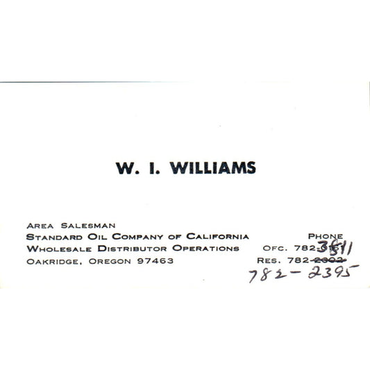 W.I. Williams Oakridge OR Standard Oil Company of CA Vtg Business Card SD8-B21