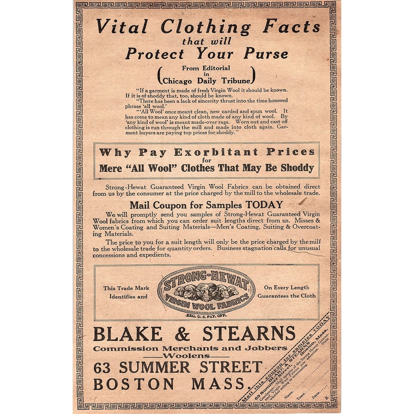 Strong-Hewat Virgin Wool Fabrics Blake & Stearns Boston MA 1920 Ad AG2-6