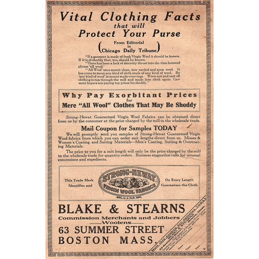 Strong-Hewat Virgin Wool Fabrics Blake & Stearns Boston MA 1920 Ad AG2-6