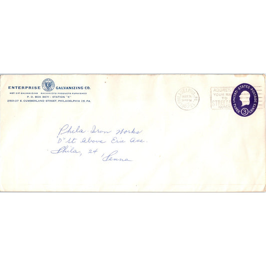 1952 Enterprise Galvanizing Co. Philadelphia PA Postal Cover Envelope TH9-L1