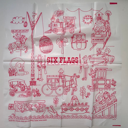 Vintage 1966 Six Flags Over Texas Coloring Map Reusable Unused 15x15 SAJ5-1