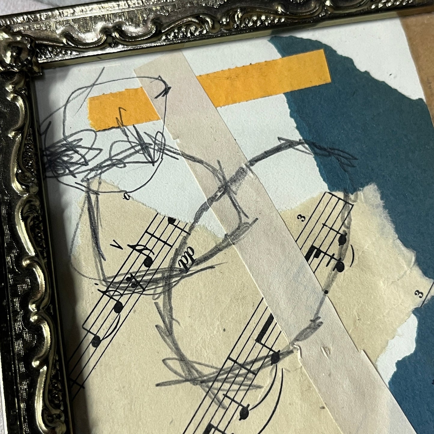 Original Framed Mixed Media Abstract Art Collage 5x7 "Navy Construct IV"