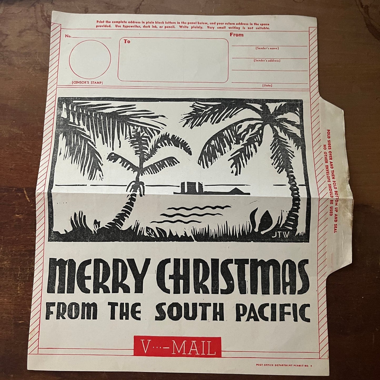 c1945 WWII Merry Christmas from the South Pacific V-Mail Envelope Blank AE9-X3