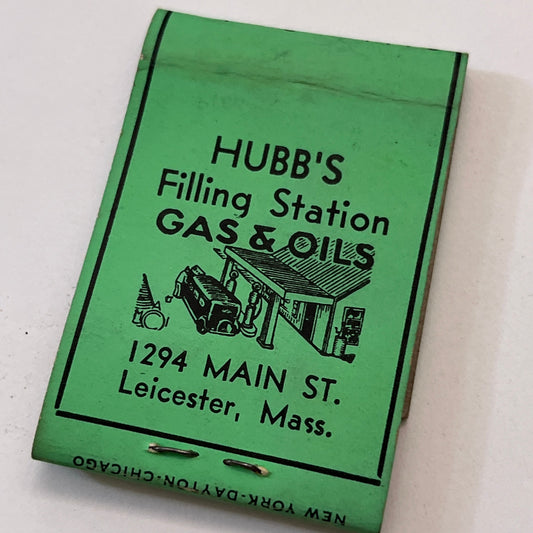 Hubb's Filling Station 1294 Main St Leicester MA Matchbook Cover TB8-MB3-9