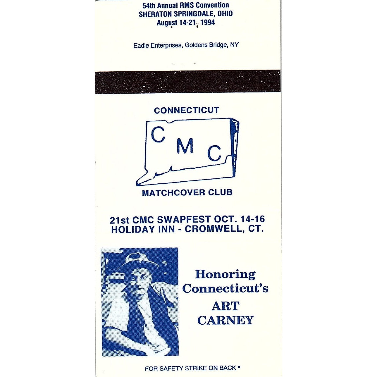 Art Carney Connecticut Matchcover Club 1993 Vintage Matchbook MM4-10
