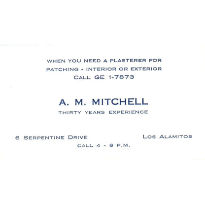 A.M. Mitchell Plasterer Los Alamitos Vintage Business Card SD8-B3