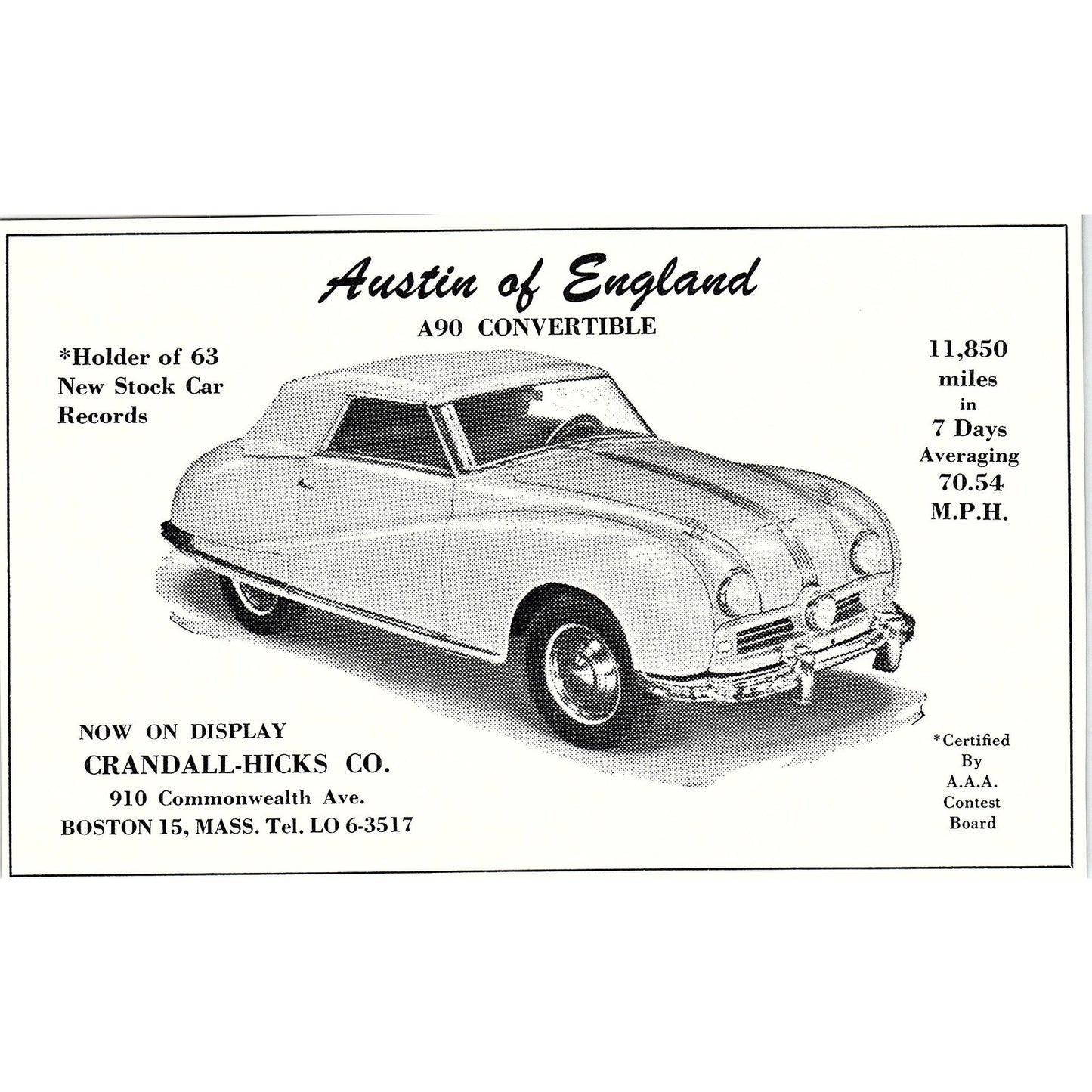 Austin of England A90 Convertible Crandall-Hicks Co Boston 1950 Ad AF6-6