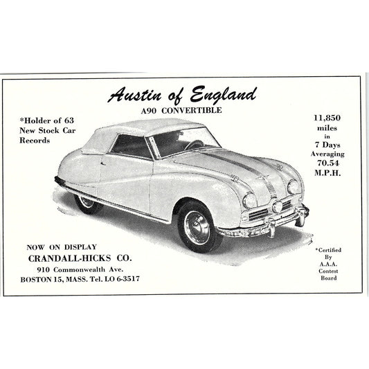 Austin of England A90 Convertible Crandall-Hicks Co Boston 1950 Ad AF6-6