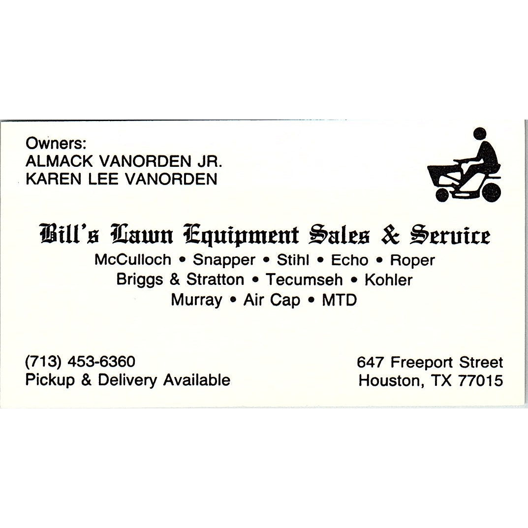 Bill's Lawn Equipment Almack & Karen Lee Vanorden Houston Business Card SD9-B14