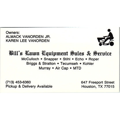 Bill's Lawn Equipment Almack & Karen Lee Vanorden Houston Business Card SD9-B14