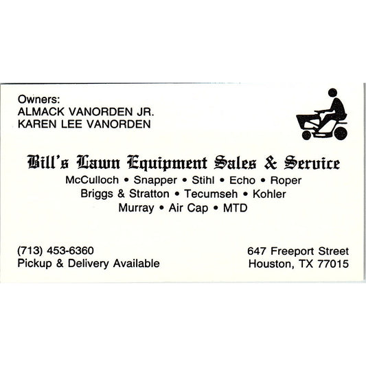 Bill's Lawn Equipment Almack & Karen Lee Vanorden Houston Business Card SD9-B14