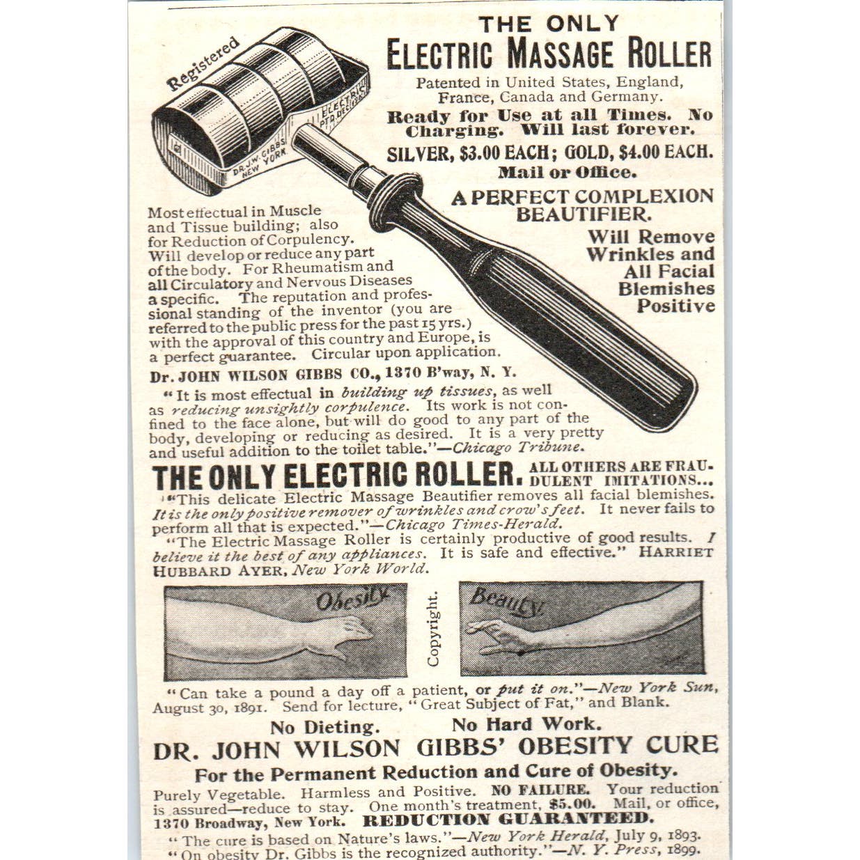 Dr. John Wilson Gibbs Obesity Cure & Electric Massage Roller c1905 Ad AE7-A3