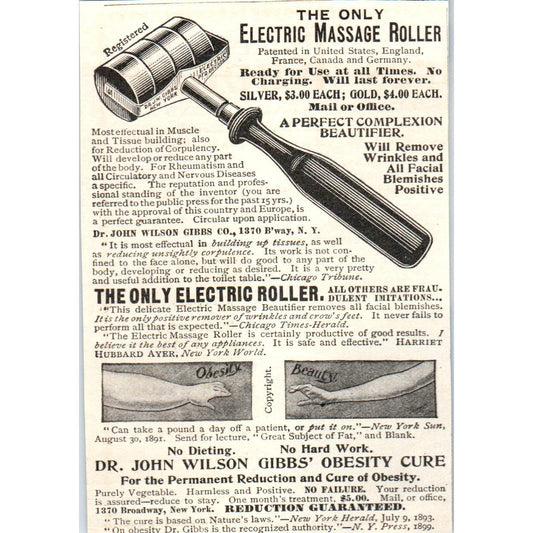 Dr. John Wilson Gibbs Obesity Cure & Electric Massage Roller c1905 Ad AE7-A3