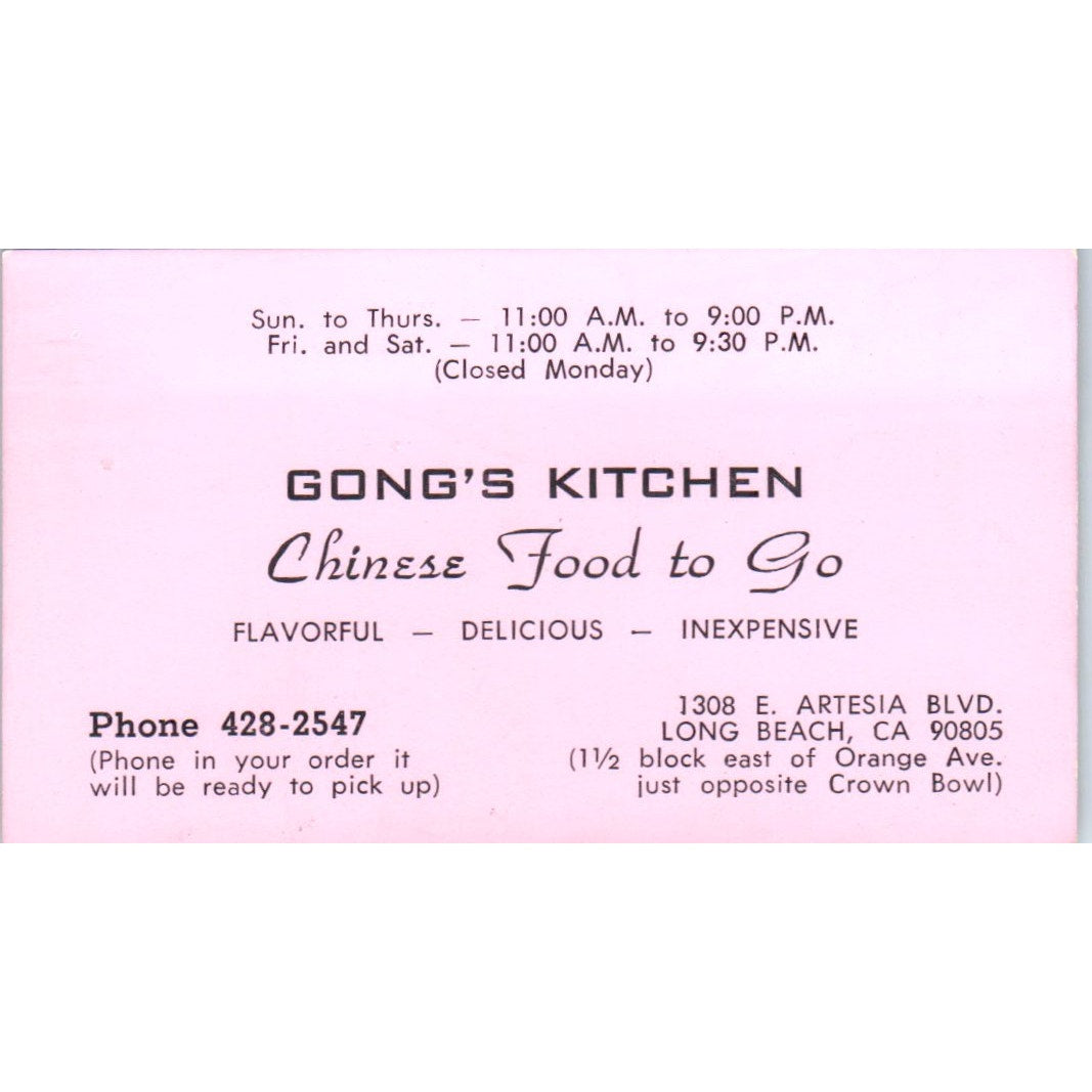 Gong's Kitchen Chinese Restaurant Long Beach CA Vintage Business Card SE3-B6