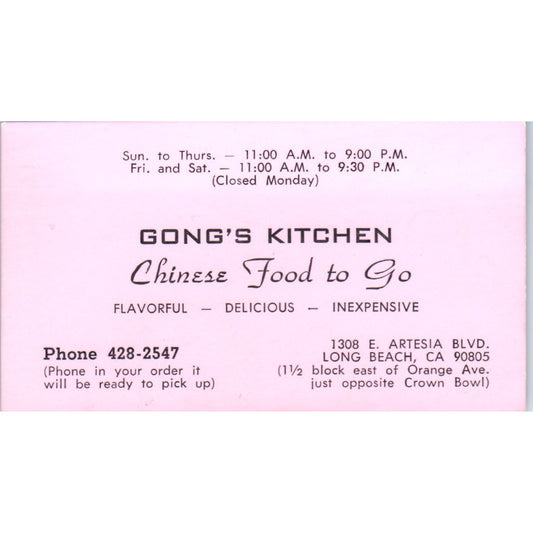 Gong's Kitchen Chinese Restaurant Long Beach CA Vintage Business Card SE3-B6