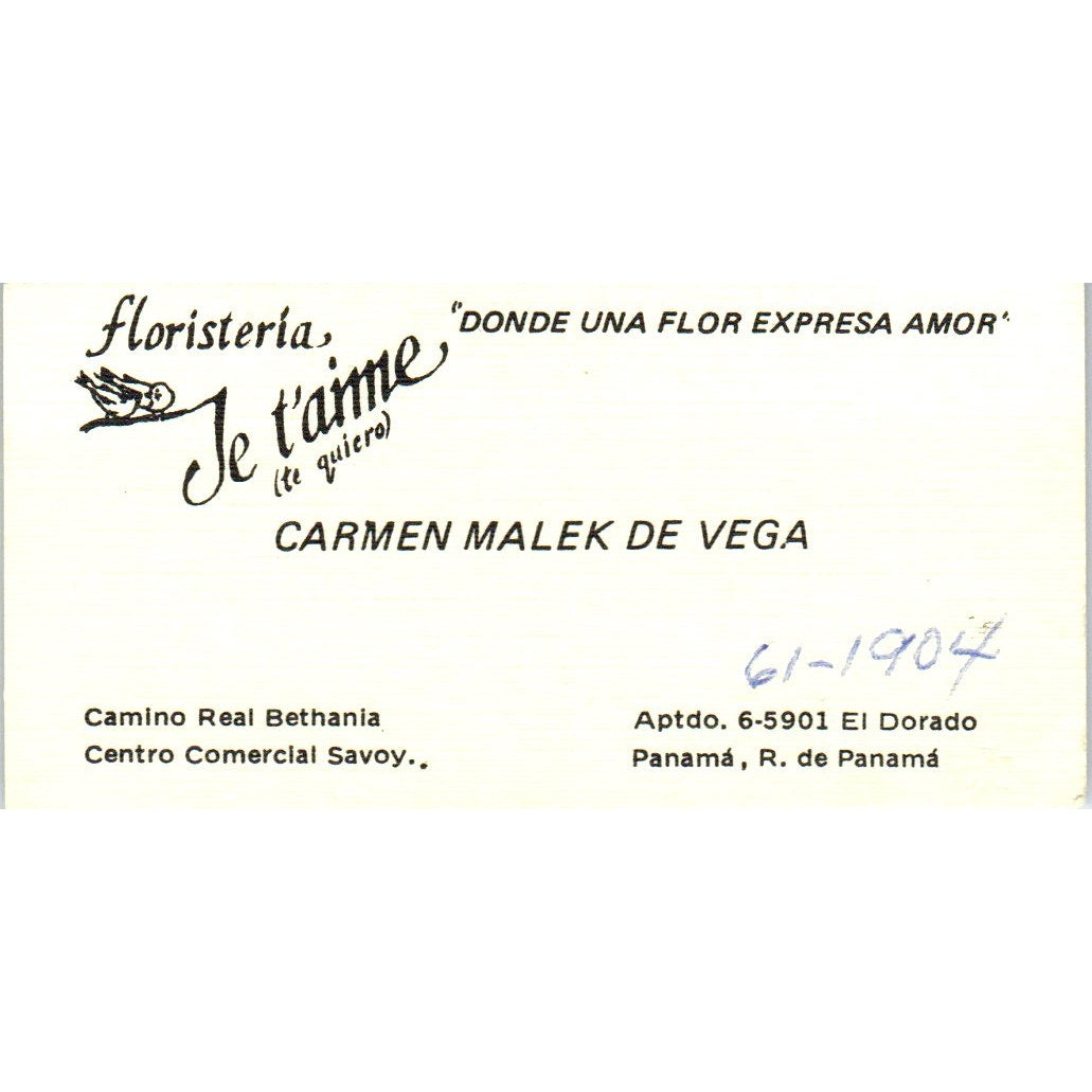 Je T'Aime Floristeria Carmen Malek De Vega Panama Vintage Business Card SD8-B15