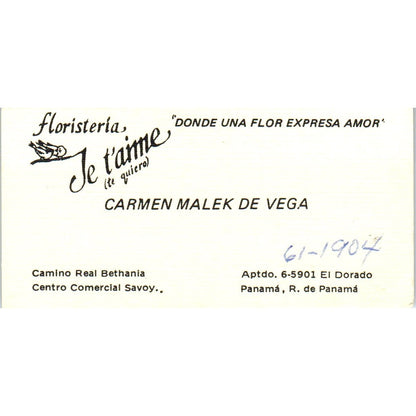 Je T'Aime Floristeria Carmen Malek De Vega Panama Vintage Business Card SD8-B15