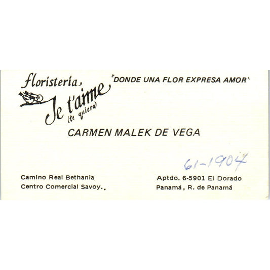 Je T'Aime Floristeria Carmen Malek De Vega Panama Vintage Business Card SD8-B15