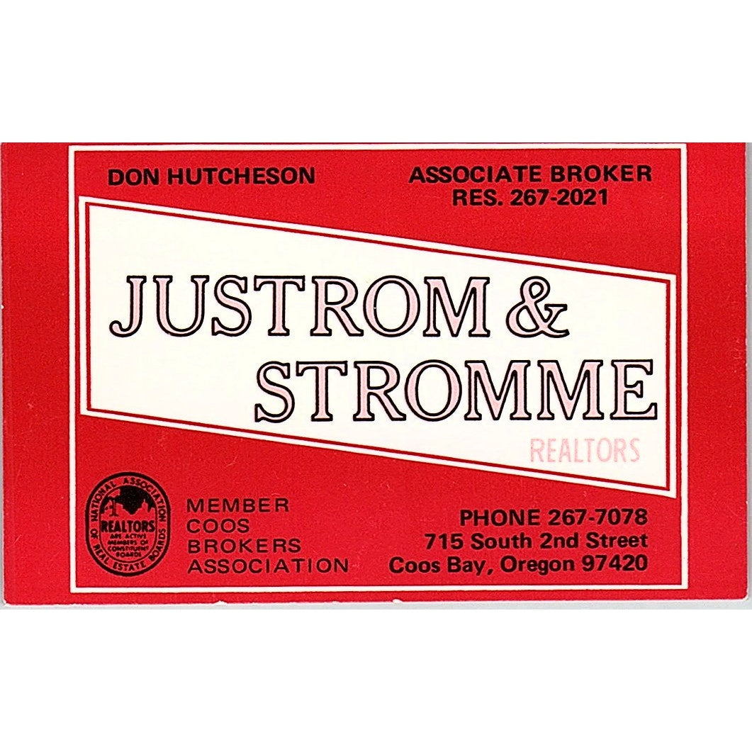 Don Hutcheson Justrom & Stromme Realtors Coos Bay Vintage Business Card TH2-B1