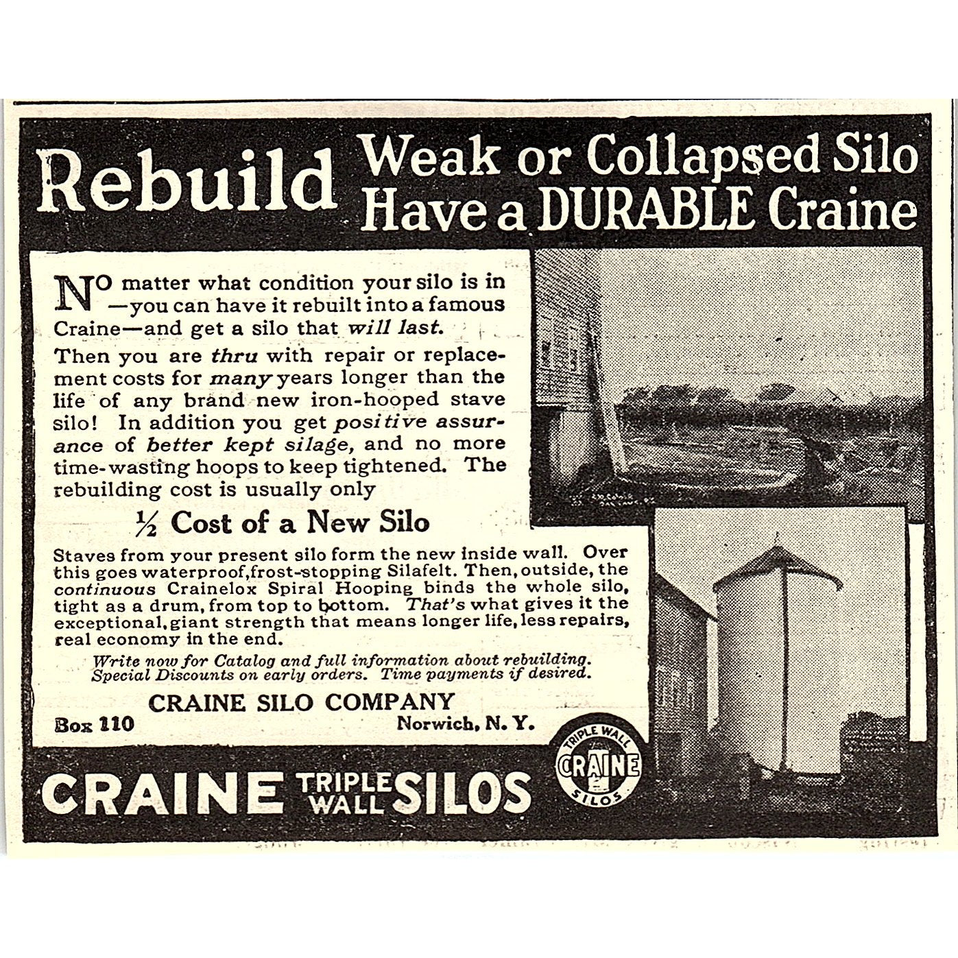 Craine Triple Wall Silos Craine Silo Co Norwich NY 1924 Ad AG3-H2