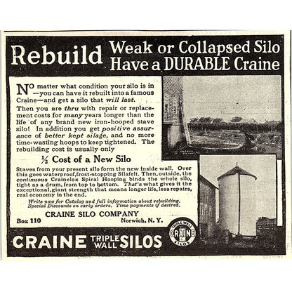 Craine Triple Wall Silos Craine Silo Co Norwich NY 1924 Ad AG3-H2