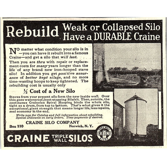 Craine Triple Wall Silos Craine Silo Co Norwich NY 1924 Ad AG3-H2