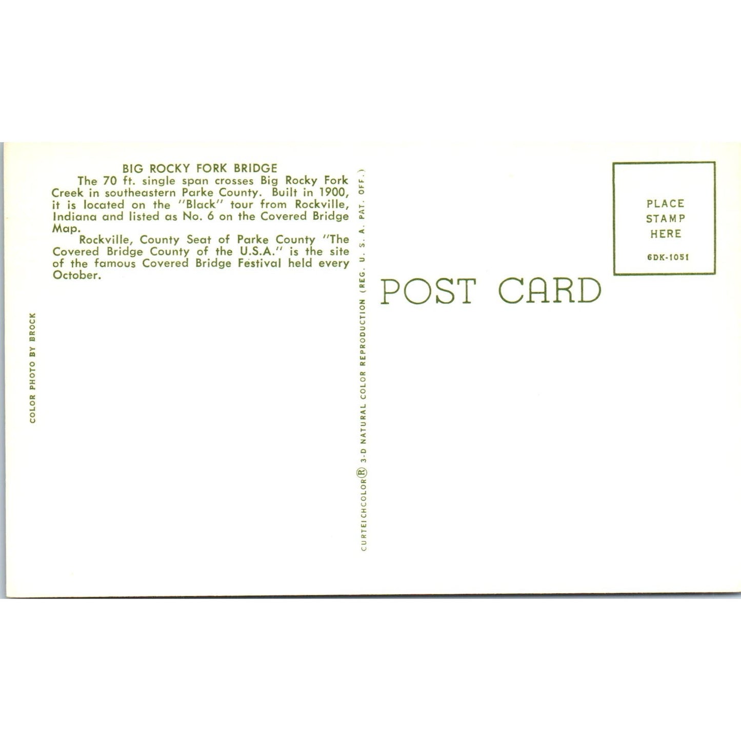 Big Rocky Fork Bridge Rockville IN Vintage Covered Bridge Postcard PC16