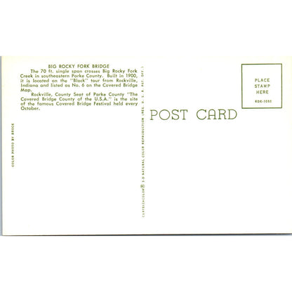 Big Rocky Fork Bridge Rockville IN Vintage Covered Bridge Postcard PC16