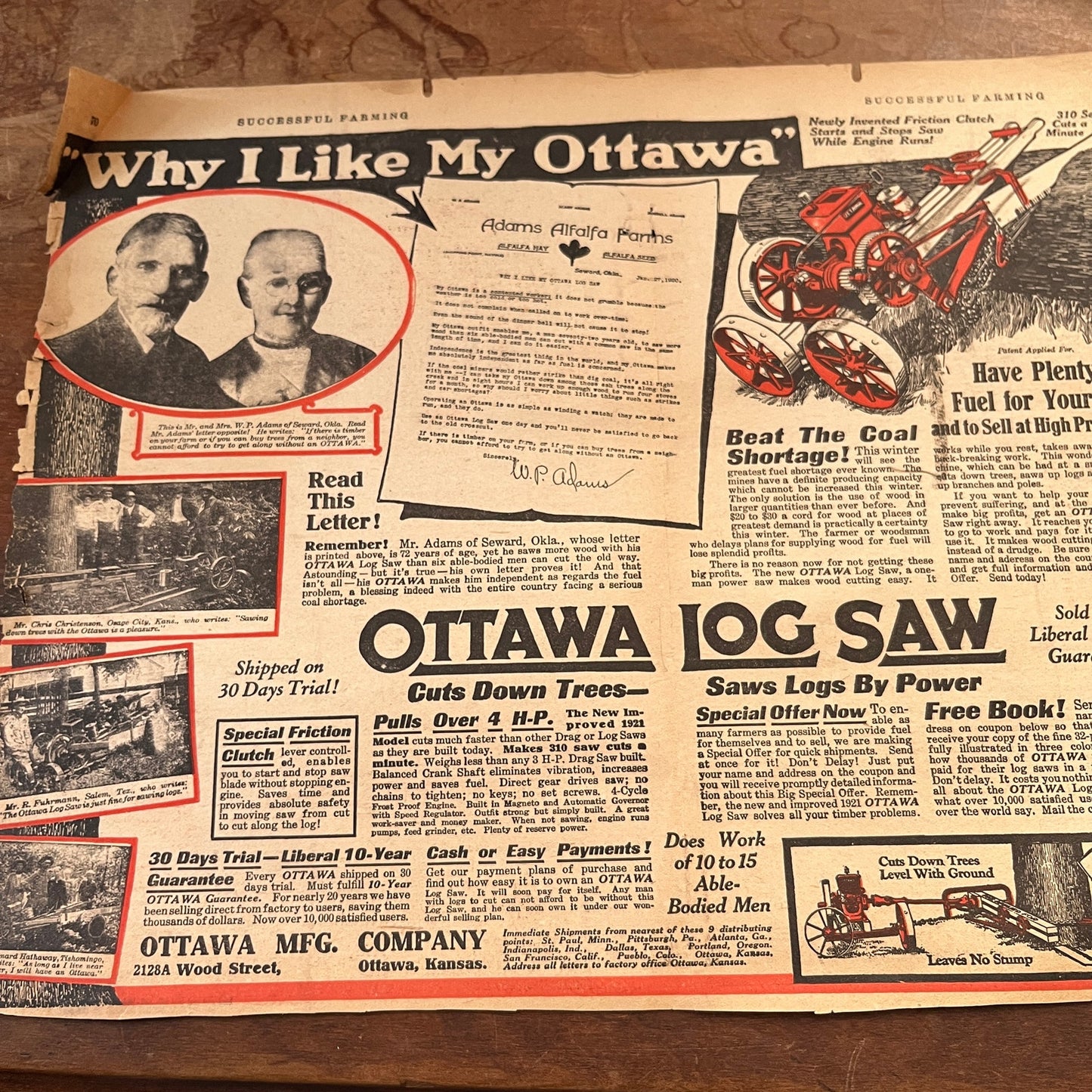 Ottawa Log Saw W.P. Adams Seward OK Ottawa KS Fold Out 1920 Ad V1-3
