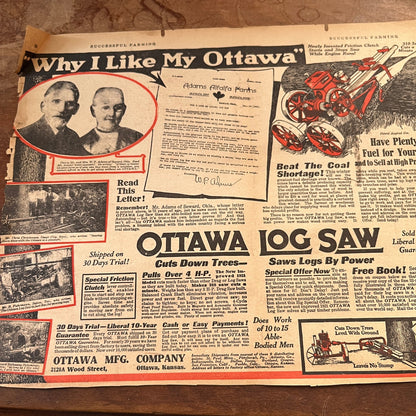 Ottawa Log Saw W.P. Adams Seward OK Ottawa KS Fold Out 1920 Ad V1-3