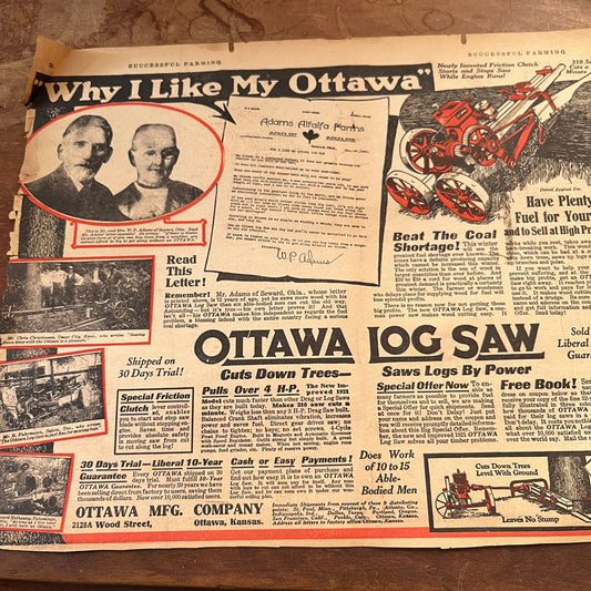 Ottawa Log Saw W.P. Adams Seward OK Ottawa KS Fold Out 1920 Ad V1-3