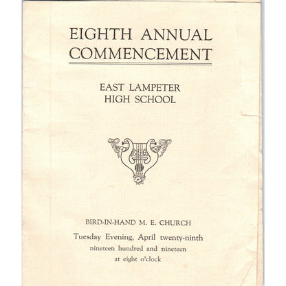 1919 East Lampeter High School Commencement Program Bird-In-Hand M.E. Church D21
