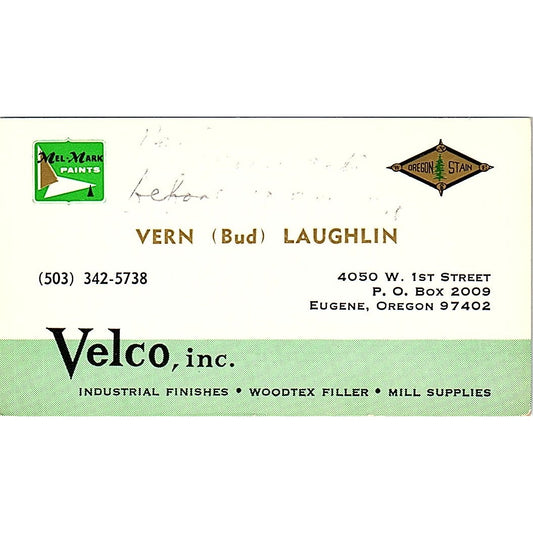 Mel Mark Paint Velco Inc Vern Laughlin Eugene OR  Vintage Business Card SB4-B8