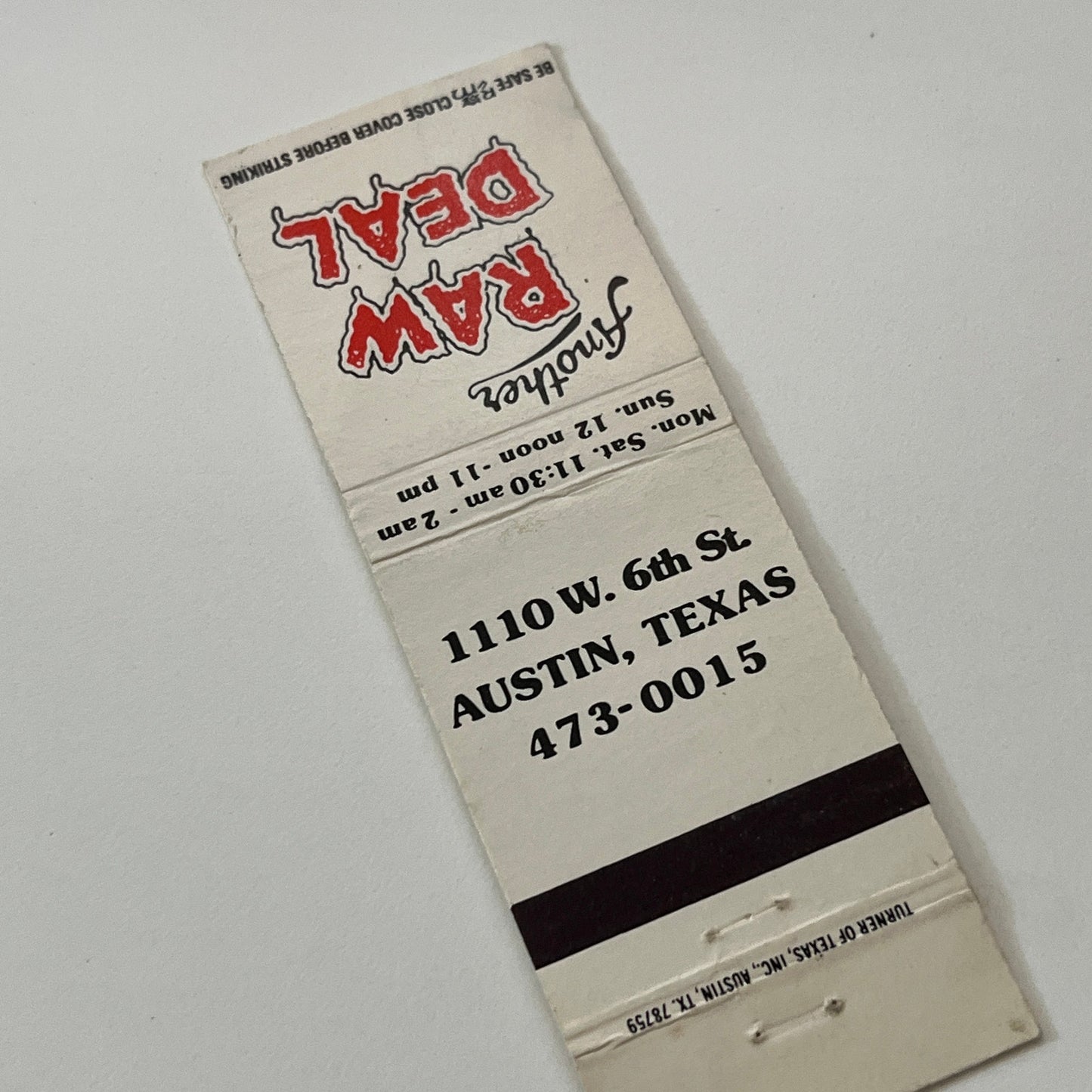 Another Raw Deal Austin Texas Vintage Matchbook Cover TB6-MB1-14