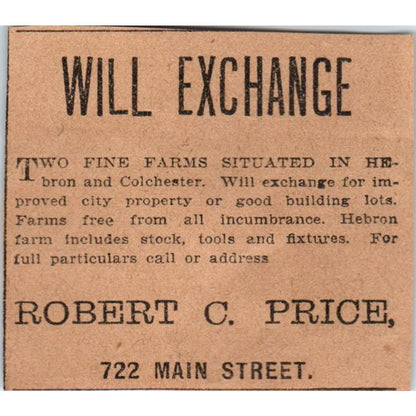 Robert C. Price Farm Exchange Hartford 1901 Newspaper Ad AD8-HS4