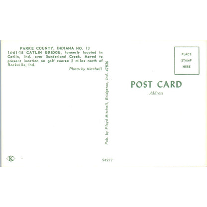 Parke County Indiana #13 Sunderland Creek Catlin Covered Bridge Postcard PC6