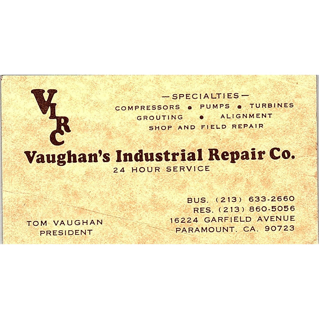 Vaughan's Industrial Repair Tom Vaughan's Paramount Vintage Business Card SB4-B8